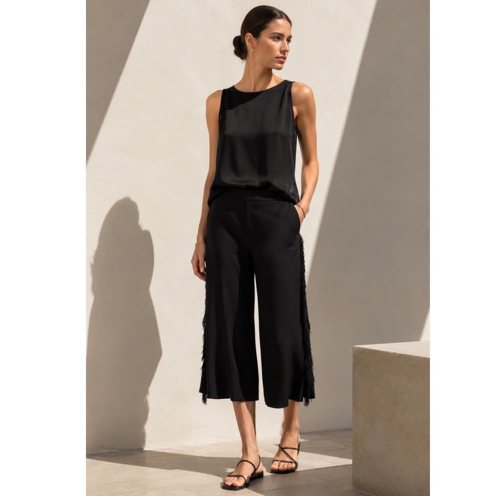 Jonathan Simkhai Fringe Trim Cropped Trousers Women 6 Black High Waist Pants‎